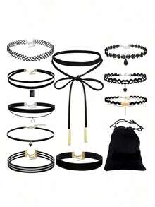 10 件套哥特式极简欧美风格 Choker 和短项链组合，天鹅绒短项链，韩版 - 10PC - 查看 13