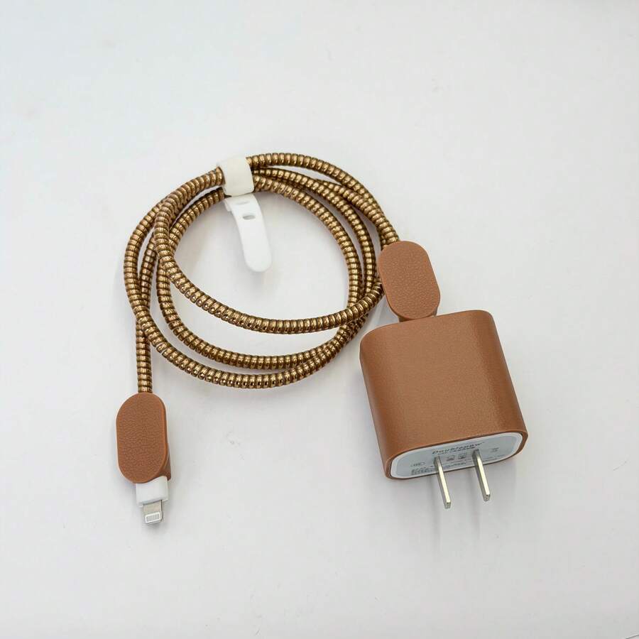 5件組棕色皮革格紋新款 Apple 20W 充電器保護套與數據線保護套,相容 iPhone 17/16/15/14,防斷裂 - 咖啡色 - 查看 1