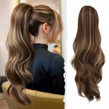 7JHH WIGS 28英吋長蜂蜜棕色波浪馬尾接髮片，女用抽繩式與夾式固定，合成纖維髮飾，適合日常造型與萬聖節使用 - 亞麻棕 - 查看 8
