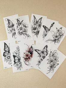 10pcs Flower Tattoo Stickers, Waterproof Women's Temporary Tattoos For Hand And Body Decoration, Butterfly, Floral Fake Tattoo For Women And Men, Small Hand Tattoo - Black - View 4