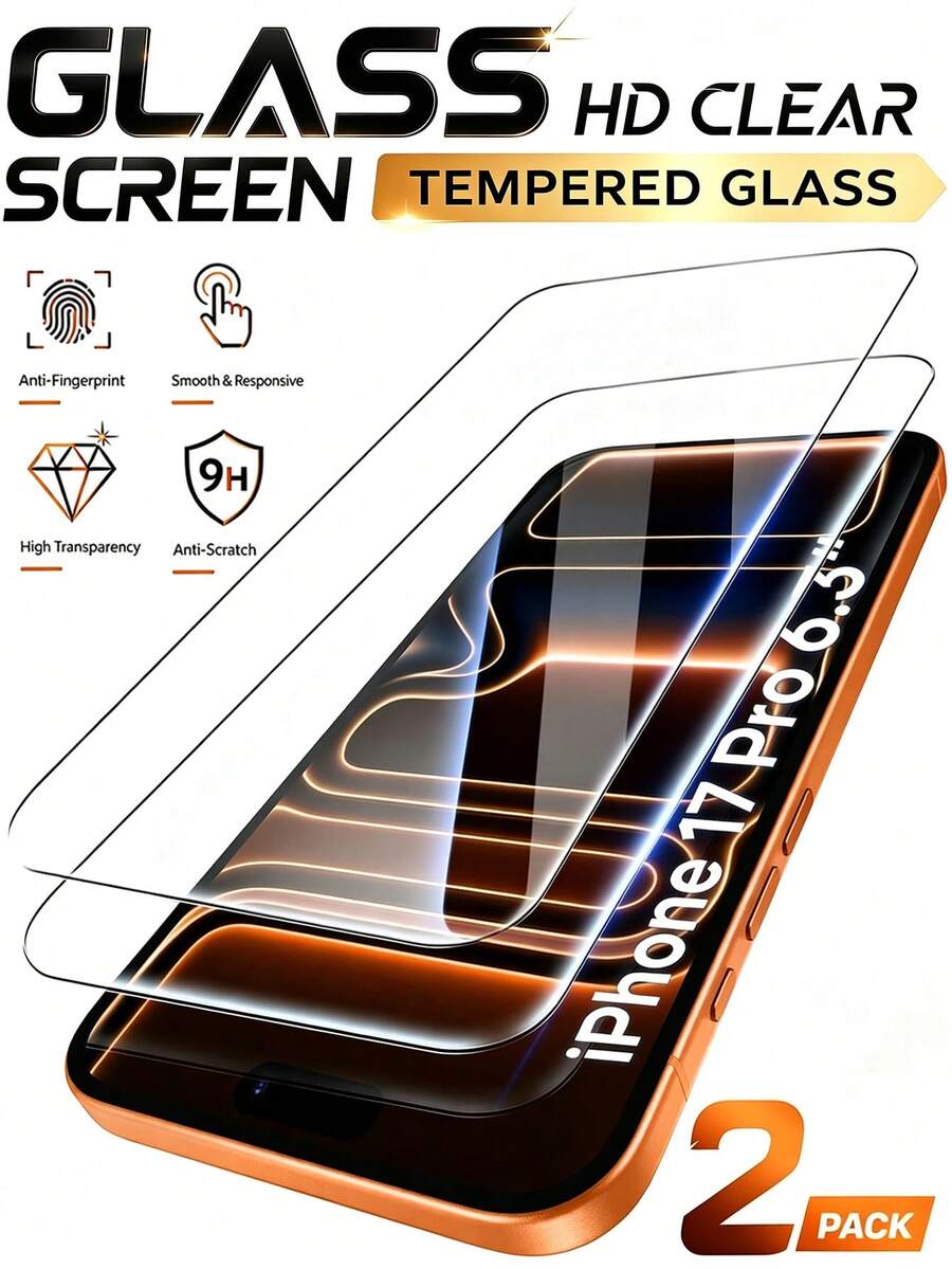 2pcs High Definition Full Coverage 9H Tempered Glass Screen Protector, Compatible With IPhone 18 Pro 18 Pro Max 17 Pro Max 6.9 Inch, 17 Pro, 16 Pro Max, 16 Plus, 16, 15, 14, 13, 12, 11 Phone Accessories - Clear - View 1