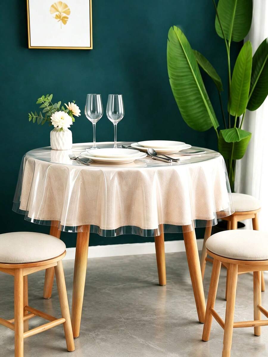 1pc Transparent PVC Lace Round Tablecloth, Waterproof, Oil-Proof, Easy To Clean - Multicolor - View 1