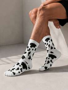1/3/5 Pairs Unisex Black & White Cow Print Mid-Calf Socks, Streetwear Casual Socks For All Seasons - Black and White - View 5