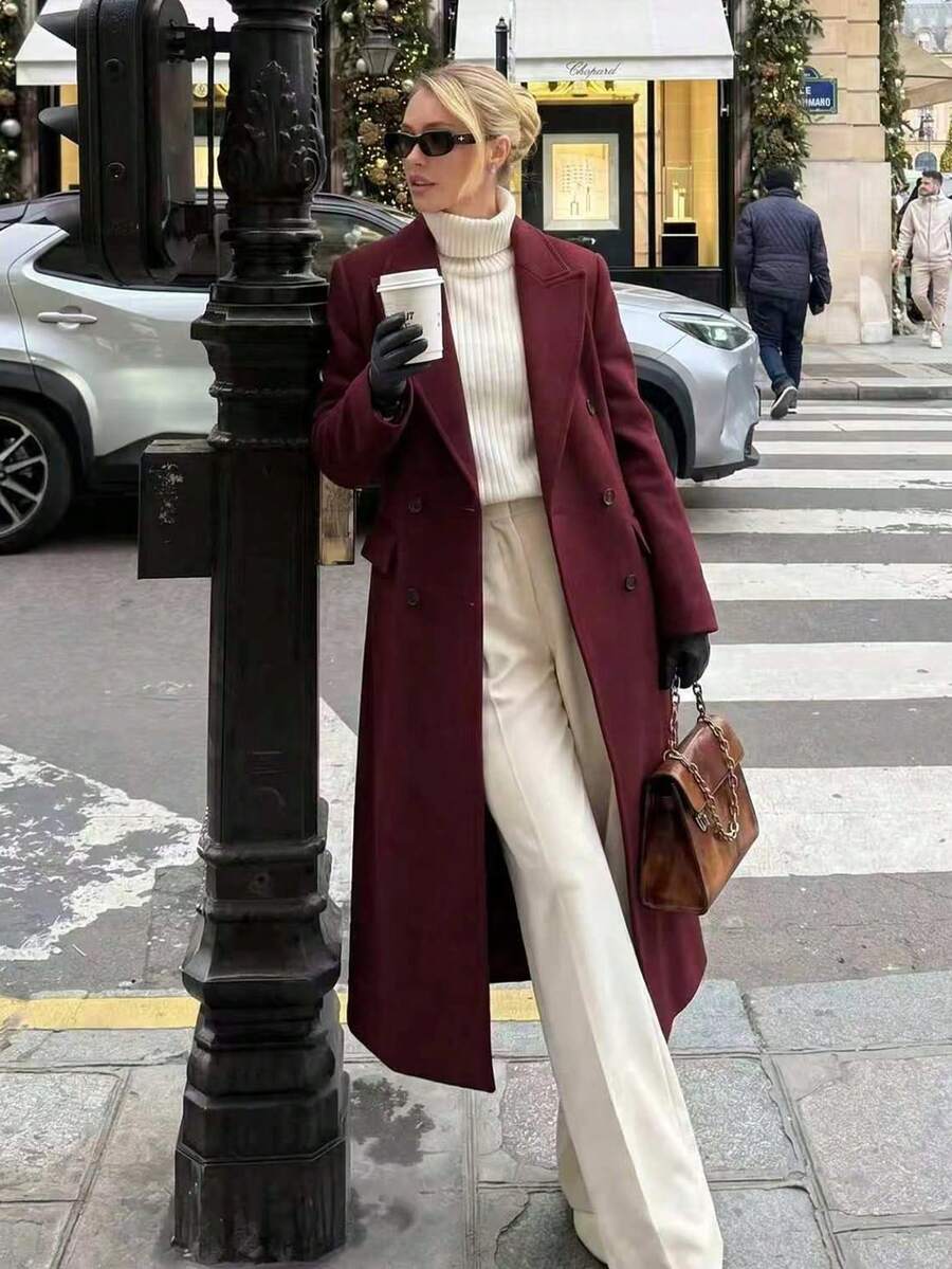 Autumn/Winter New Fashion Women's Loose Fit Elegant Wool-Blend Double-Breasted Windbreaker Coat - Burgundy - View 1
