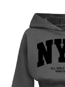 Tween Girl Letter Pattern Warm Hooded Sweatshirt And Flare Pants - Dark Grey - View 3