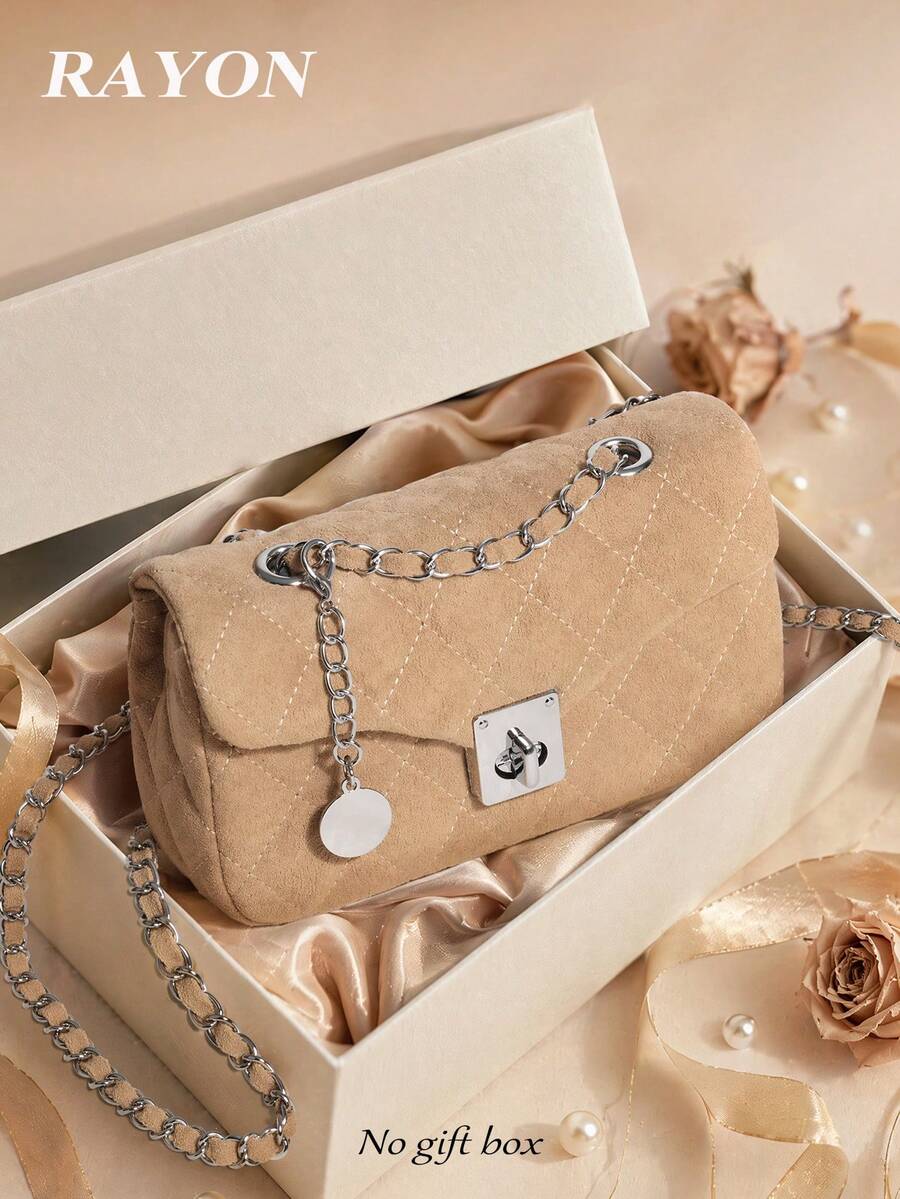 1件卡其色菱格紋絎縫刺繡鏈條鎖扣女款單肩斜挎包,適合秋季購物或通勤(不含禮盒) - 卡其色 - View 1