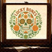 1pc Vintage Style Decorative Sugar Skull Window Sticker With Flowers Candles Leaves Arched Lucky Bones Text Centered Framed By Symmetrical Floral Vines Clear Vinyl Self-Adhesive Removable Easy Peel Stick For Glass Halloween Decoration - Multicolor - View 2