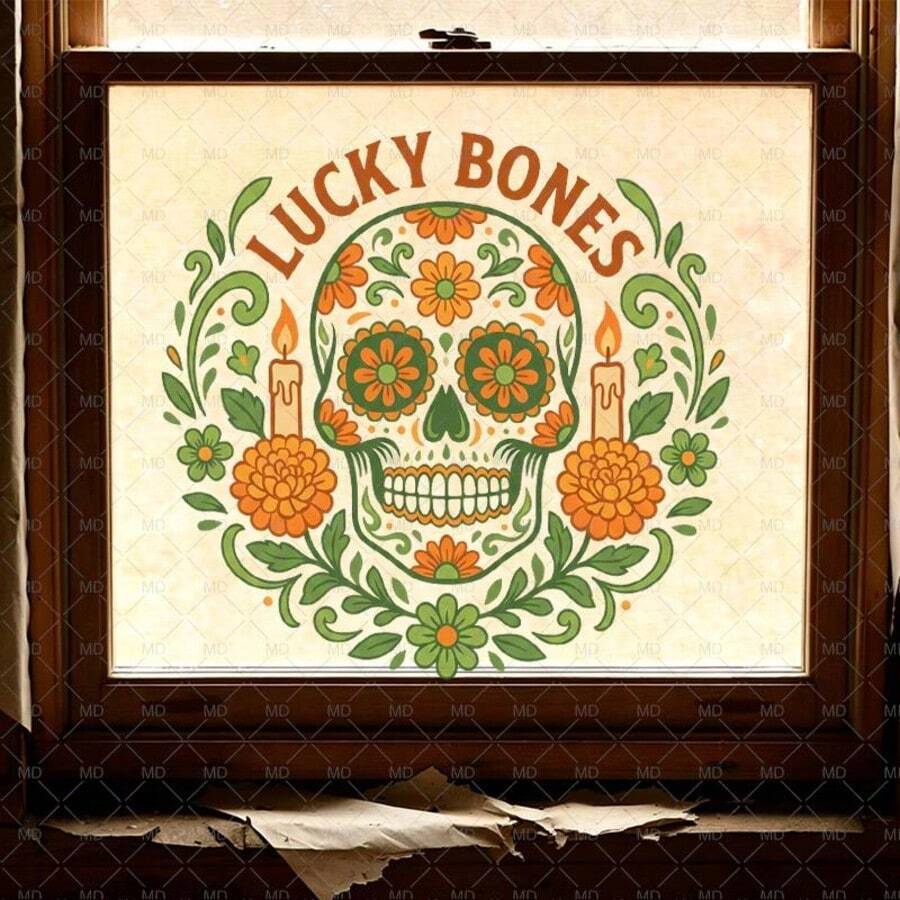 1pc Vintage Style Decorative Sugar Skull Window Sticker With Flowers Candles Leaves Arched Lucky Bones Text Centered Framed By Symmetrical Floral Vines Clear Vinyl Self-Adhesive Removable Easy Peel Stick For Glass Halloween Decoration