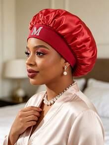 1pc Pearl Letter Print Satin Sleep Cap, Elastic Wide Band, Silky Hair Protection Cap, Suitable For Women's Night Sleep, Travel And Daily Hair Care - Multicolor - View 7