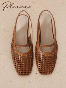 planare Sandal Wanita Model Baru Populer Musim Panas, Desain Minimalis Tenun Jaring Bernapas, Tali Belakang Model Slingback, Ujung Persegi, Tali Belakang, Warna Cokelat, Cocok untuk Perjalanan Sehari-hari - Coklat - View 3