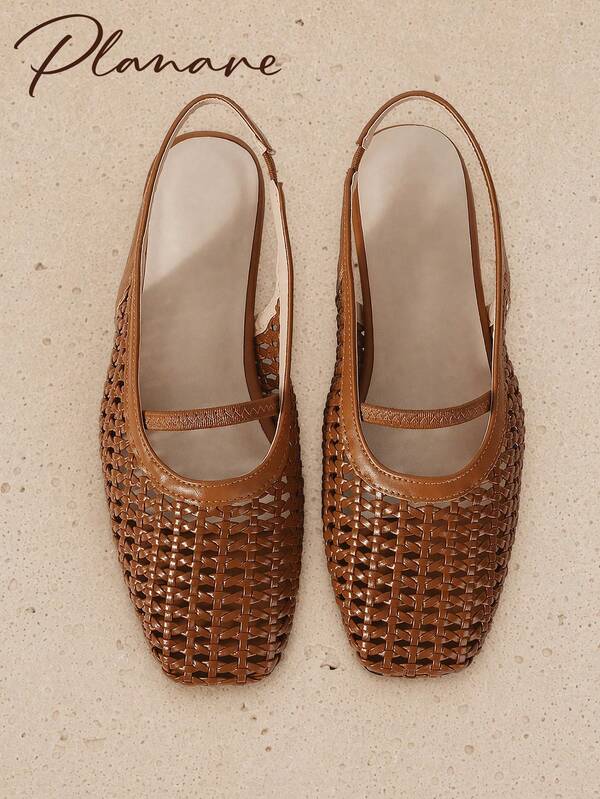 planare New Women's Popular Summer Fashion Minimalist Woven Breathable Mesh Design Slingback Square Toe Back Strap Flat Half-Sandal Brown Color Suitable For Daily Commute