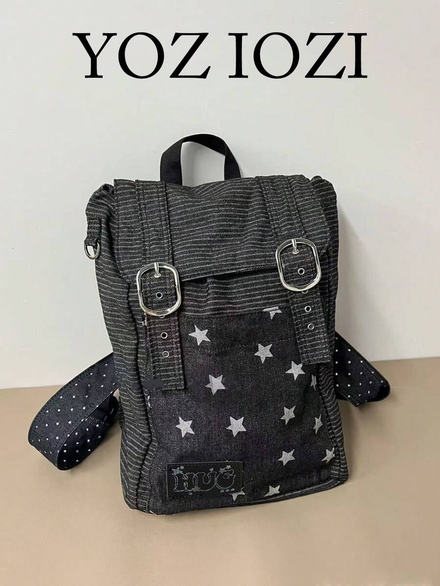 韓系小眾設計通勤休閒日常逛街春季復古Y2K波點條紋星星牛仔背包學生書包 - 深灰色 - 查看 1