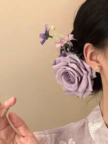 女款紫色玫瑰人造花髮夾，優雅髮飾，適合日常配戴、居家、學校、海灘、度假、工作、通勤、派對、節日、生日禮物、返校季、大學風、新年、情人節、母親節、婚禮季、新娘、音樂節，適用春夏秋冬 - 紫色 - 查看 4