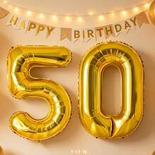 2pcs Gold Number 50 Foil Balloons, Large Number 50 Polyester Film Balloons, 50th Birthday Party Decorations, 50th Anniversary Photo Backdrop Supplies For Boys And Girls, Birthday Wedding Anniversary Celebration Metallic Gold Number Balloons - Gold - View 1