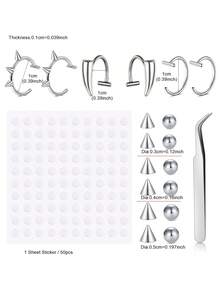 60 piezas/Set Anillos falsos para piercing de labios, cejas y puente de la nariz con bolas de repuesto y pegatinas, mordidas de serpiente falsas para labios, accesorios de moda sin perforación - Plata/Negro - Ver 2