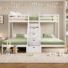 Loft Bed, 90 X 200cm, 3 Beds, Pine Wood, Ladder With Drawers - White - View 1