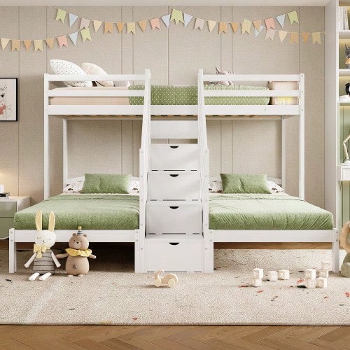Loft Bed, 90 X 200cm, 3 Beds, Pine Wood, Ladder With Drawers - White - View 1
