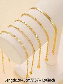 5pcs/Set Gold Multilayer Bohemian Style Snake Chain & Lotus Chain Anklet Bracelet Set, Adjustable Summer Beach Jewelry - Gold - View 4