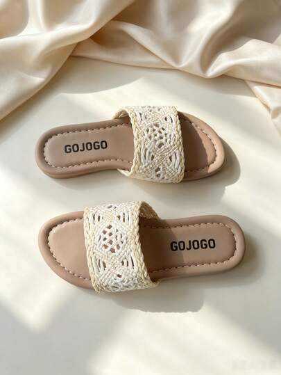 1 Pair 2026 Girls' Cream Gradient Woven Diamond Hollow Square Toe Flat Slip-On Sandals, Summer Beach & Daily Wear