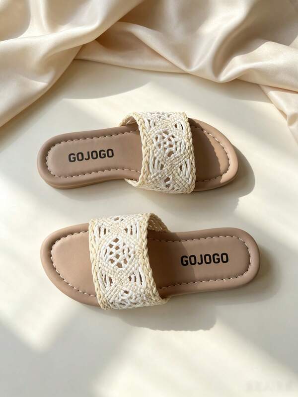 1 Pair 2026 Girls' Cream Gradient Woven Diamond Hollow Square Toe Flat Slip-On Sandals, Summer Beach & Daily Wear