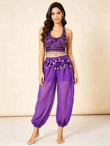 Professional Belly Dance Rhinestone Fringe Halter Crop Top, Elastic Waist Dot Mesh Harem Pants For Dance Training, Gala Shows And Competitions - Multicolor - View 18
