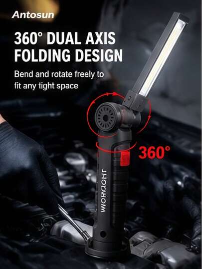 1Pc Rubber ABS 360° Foldable COB LED Work Light, 5 Modes USB Rechargeable Magnetic Hanging Flashlight, Red Warning Emergency Lamp For Auto Repair Garage Workshop Car Maintenance Accessories
