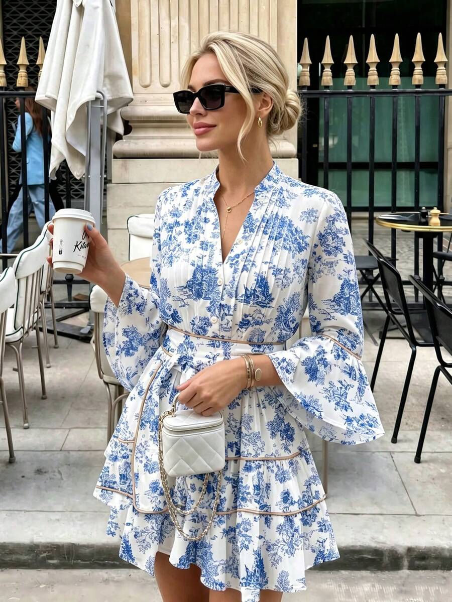 Spring Summer Autumn Street Fashion Casual Front Button Belt Print Flare Sleeve Small Stand Collar V-Neck Dress Elegant - Blue - View 1