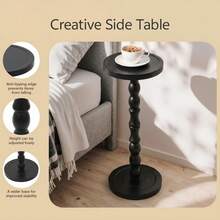 LOVEWE Solid Wood Retro Round Side Table, Floor-Standing Small Drinking Table, Tray Tabletop Side Table, Frosted Finish Surface, Wooden Color Tone - Black - View 10