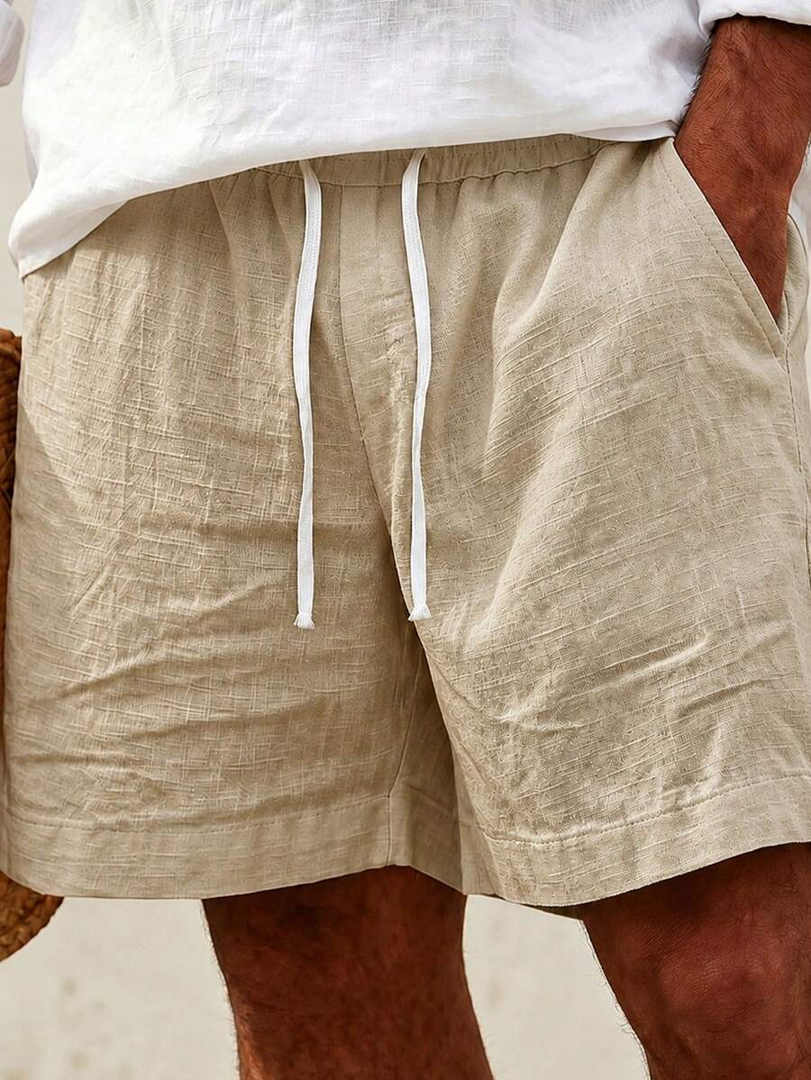 男士休閒短褲,彈性腰頭附抽繩,輕量夏季沙灘褲 - 卡其色 - 查看 1
