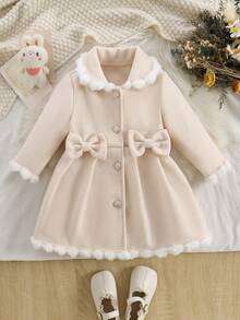 Girls' Elegant Exquisite Wool Coat, Autumn/Winter Fashion New Style, Cute Bow Decor, Patchwork Faux Fur Peter Pan Collar, Single-Breasted Button Front, Apricot Long Sleeve Mid-Length Knee-Length Jacket, Back To School - Apricot - View 1