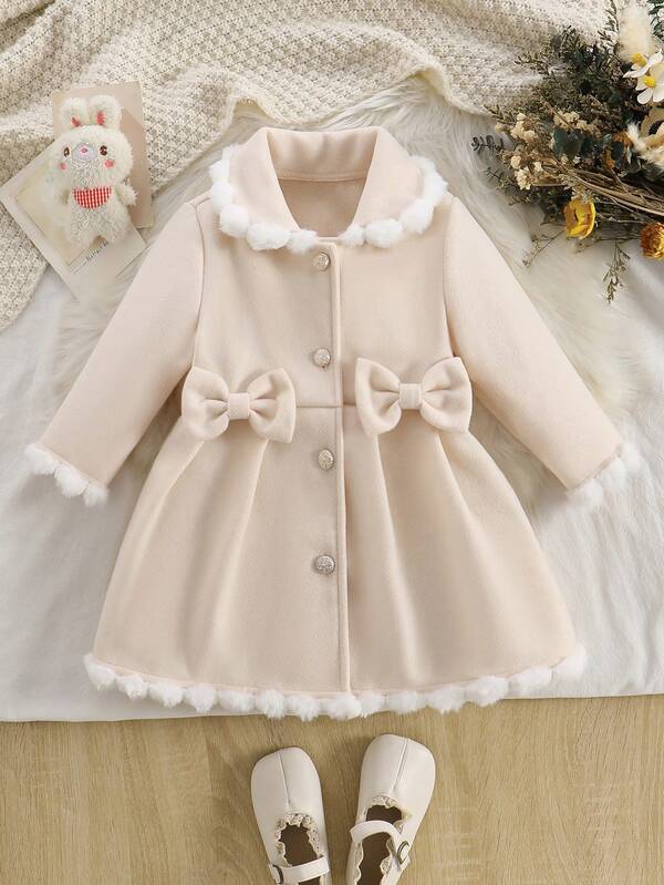 Girls' Elegant Exquisite Wool Coat, Autumn/Winter Fashion New Style, Cute Bow Decor, Patchwork Faux Fur Peter Pan Collar, Single-Breasted Button Front, Apricot Long Sleeve Mid-Length Knee-Length Jacket, Back To School