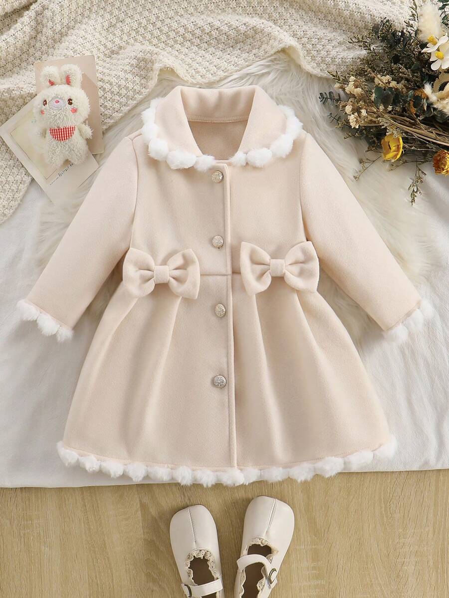 Girls' Elegant Exquisite Wool Coat, Autumn/Winter Fashion New Style, Cute Bow Decor, Patchwork Faux Fur Peter Pan Collar, Single-Breasted Button Front, Apricot Long Sleeve Mid-Length Knee-Length Jacket, Back To School - Apricot - View 1