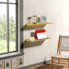 2 Pack Metal Floating Wall Mount Storage Shelves 30*12.5*3.2CM, Adhesive Wall Display Rack For Succulents, Fragrance Diffusers And Decor Ornaments, Hanging Organizer For Bedroom Study Office Wall Decor Storage - Gold - View 2