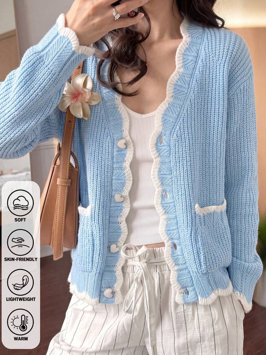 Preppy White Contrast Trim Knit Cardigan, V-Neck Heart Button Patch Pocket Short Jacket, Autumn Thanksgiving Streetwear - Blue - View 1