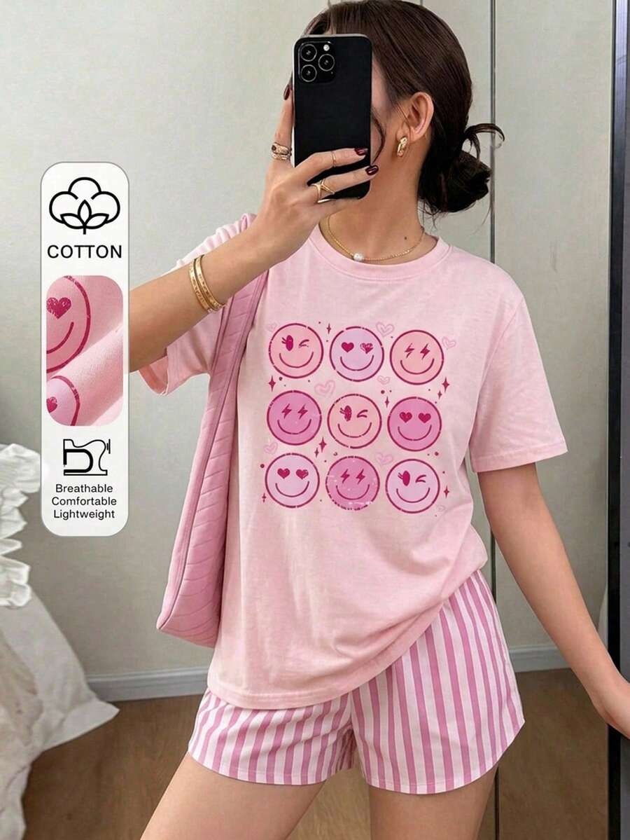 DAZY 2件套复古美式卡通印花条纹撞色休闲INS风女式睡衣套装