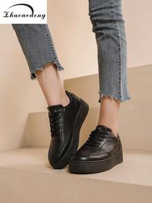 Women's Thick Sole Color Block Round Toe Lace-Up White Casual Sneakers, Spring Autumn Simple Fashion Leisure Flats,Trainers Women - Black - View 8