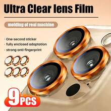 Yezodawee 11/12/13/14/15/16 Pro Max/Mini 鋼化玻璃相機鏡頭保護貼，全覆蓋鋁合金金屬保護，橘色，9入/包 - 橘色 - 查看 28
