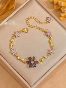 3pcs/Set Colorful Zirconia Flower Bracelet, 18K Gold Plated Luxury Floral Colorful Diamond Petal Thin Bracelet For Women - Gold - View 12