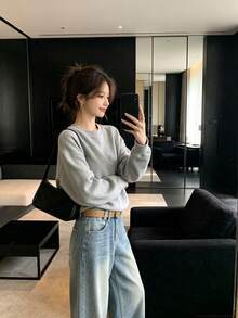 Heavy Embellished Rhinestone High Waist Wide Leg Denim Jeans With Belt, Suitable For Campus, Office, Daily Wear In Spring And Autumn - Medium Wash - View 1