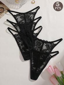 5件組女款純色全蕾絲花紋細腰帶低腰性感丁字褲內褲內衣 - 黑色 - 查看 2