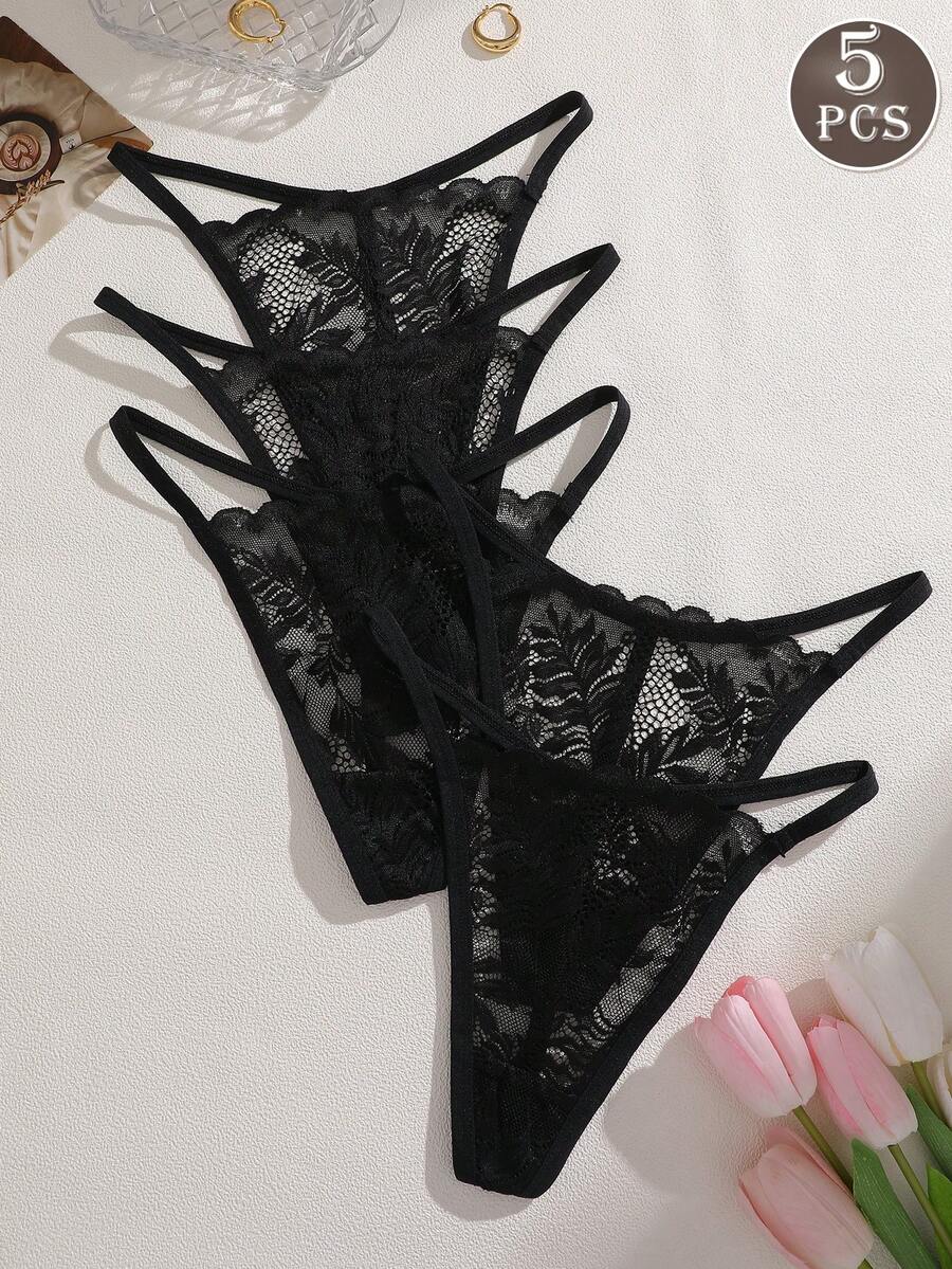 5pcs Women's Solid Color Full Lace Pattern Thin Waistband Low Waist Sexy Thong Panties Lingerie - Black - View 1