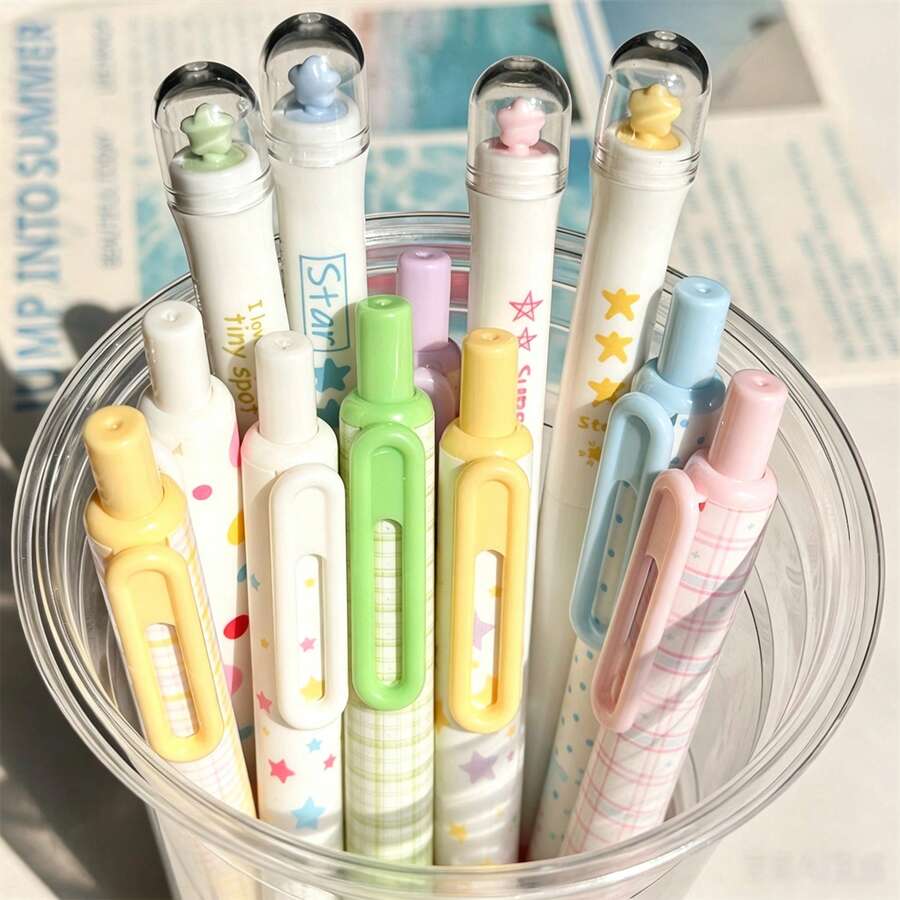 4pcs Polka Dot/Solid Color/Star Pattern Retractable Neutral Pens, Ins Style, Quick-Drying Black Ink Pens For Students And Exams - Little Pudding Pen - View 1