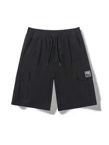 Men's Solid Color Elastic Waist Drawstring Pocket Cargo Shorts, Breathable And Comfortable - Black - View 2