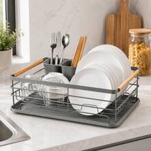 Dish Drying Rack With Drain Tray & Cutlery Holder | Metal Kitchen Dish Rack With Wooden Handles | Black / White / Grey / Beige - View 8