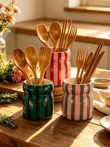 4pcs Handmade Wavy Ceramic Utensil Holder, Glossy Macaron Color Cutlery Storage Canister, Kitchen Countertop Utensil Organizer, Multi-Functional Spoon Fork Chopstick Holder, Farmhouse Style Tabletop Home Decor - Multicolor - View 5
