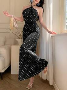 abyoxi 女款黑白波點優雅休閒度假性感細肩帶露背綁帶修身洋裝，適合海灘派對、婚禮賓客、畢業季，春夏穿著 - 黑色 - 查看 3