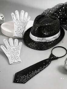 3-Piece Sequin Costume Accessory Set, Includes Sequin Fedora Hat, Tie And Gloves, Suitable For Halloween, Disco Night, Stage Performance, Cosplay, Jazz Dance, Party And Carnival - Multicolor - View 4