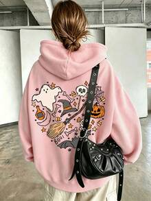 Geister-Herz-Muster Sweatshirt, Damen Große Größen Lässig Herbst/Winter Langarm Tasche Kapuzen-Sweatshirt Rosa - Pink - Übersicht 2