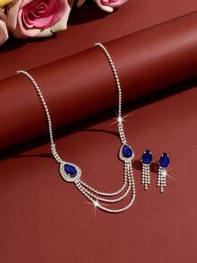 Luxury Elegant Water Drop Earrings & Necklace Set, Evening Gown Light Luxury Accessories, Suitable For Wedding, Bridesmaid, Banquet, Party Jewelry - 1884 Blue-hB - View 4