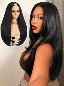 Quantum Love Half Wig Yaki Straight V Part Wig Inward Curl Ends Layered Synthetic Hair Black 24In - Black - View 1